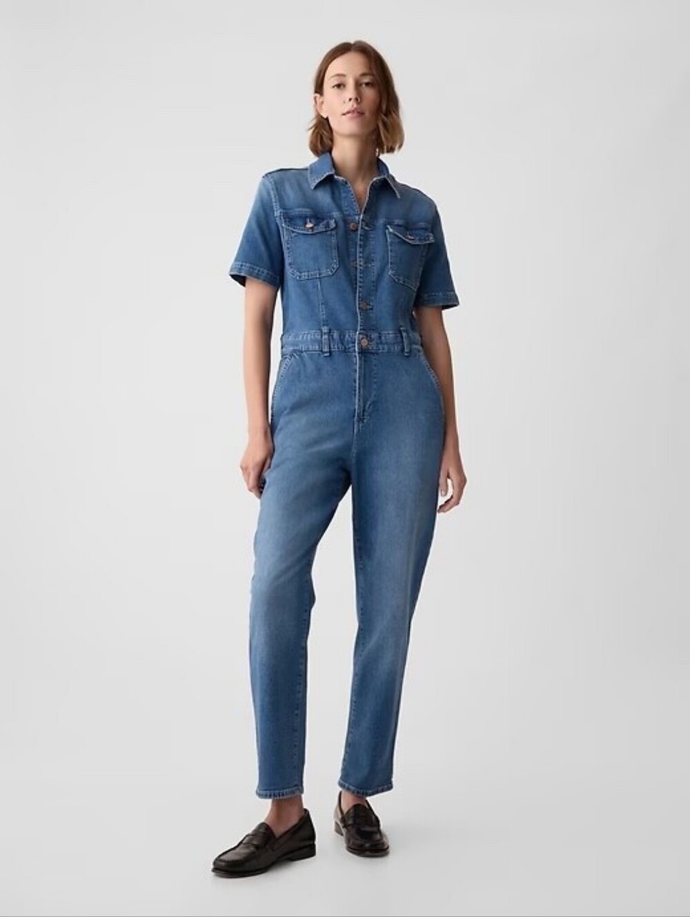 GAP Short-Sleeve Denim Overalls in Blue